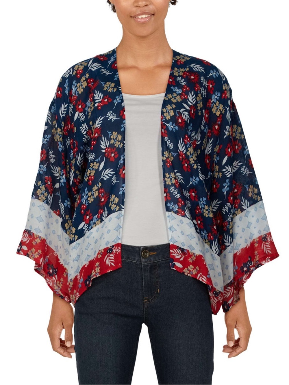 Natural Reflections Navy, Red & Cream Floral Open-Front Kimono Cardigan XL